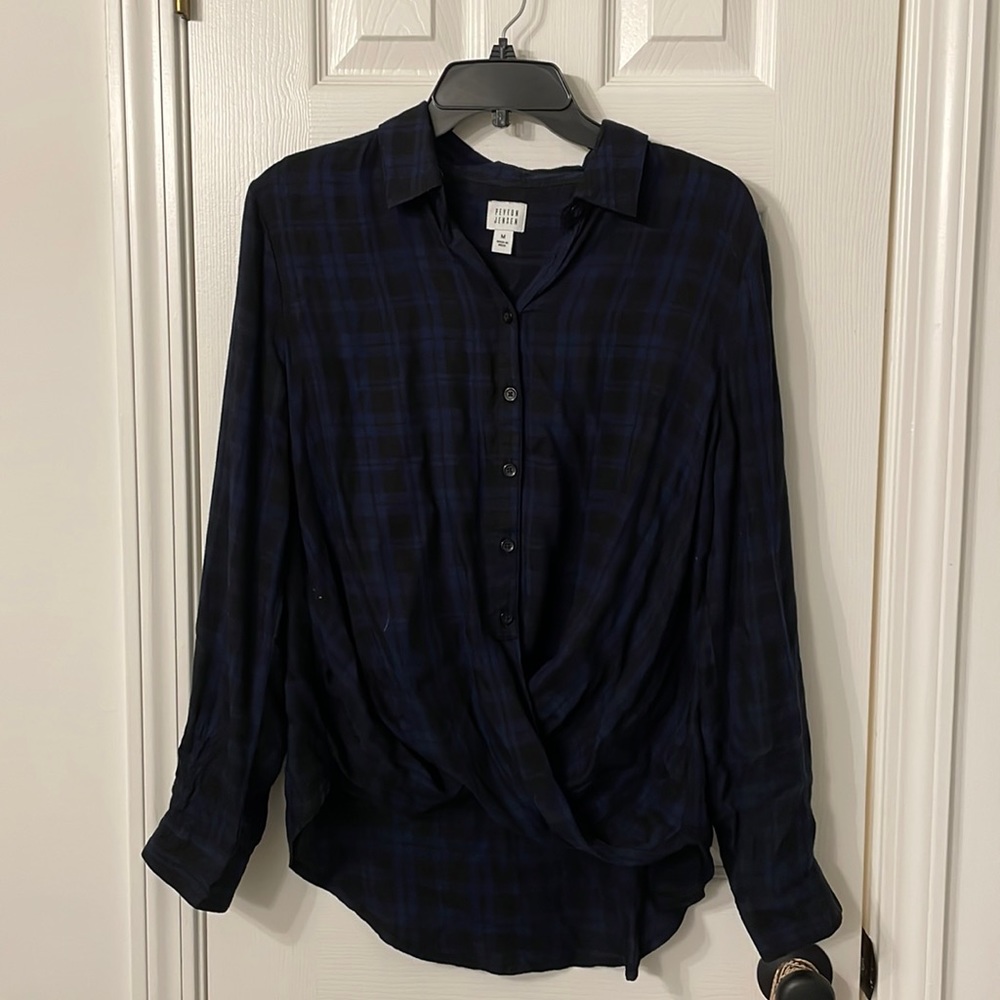 Wit & Wisdom Navy Plaid Button-Front Wrap Shirt
